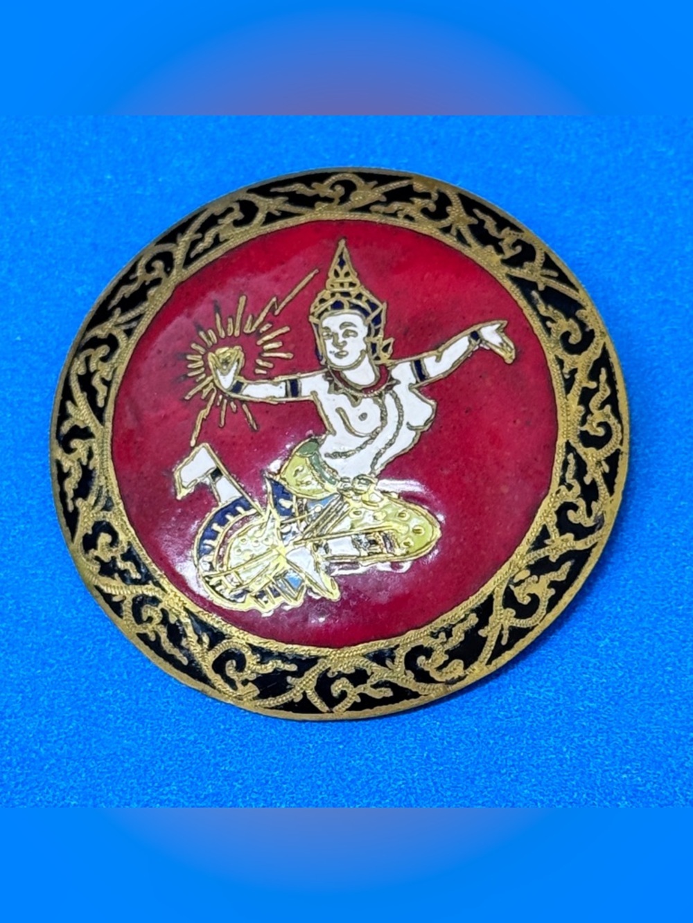Mid-Century Vintage Siam Red Enamel Brooch. This is Mekhala Goddess of Lightning